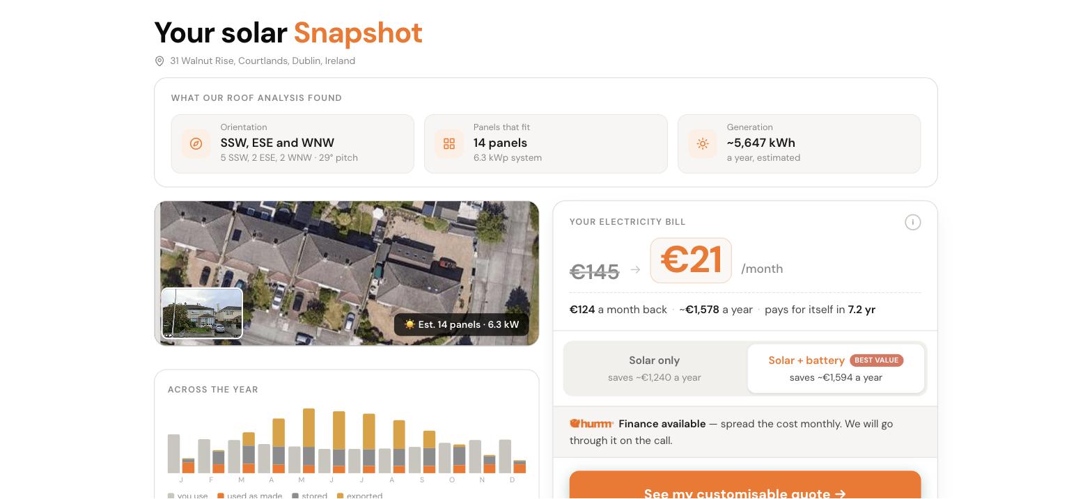 A branded Voltflo solar snapshot report with AI roof analysis, savings and finance
